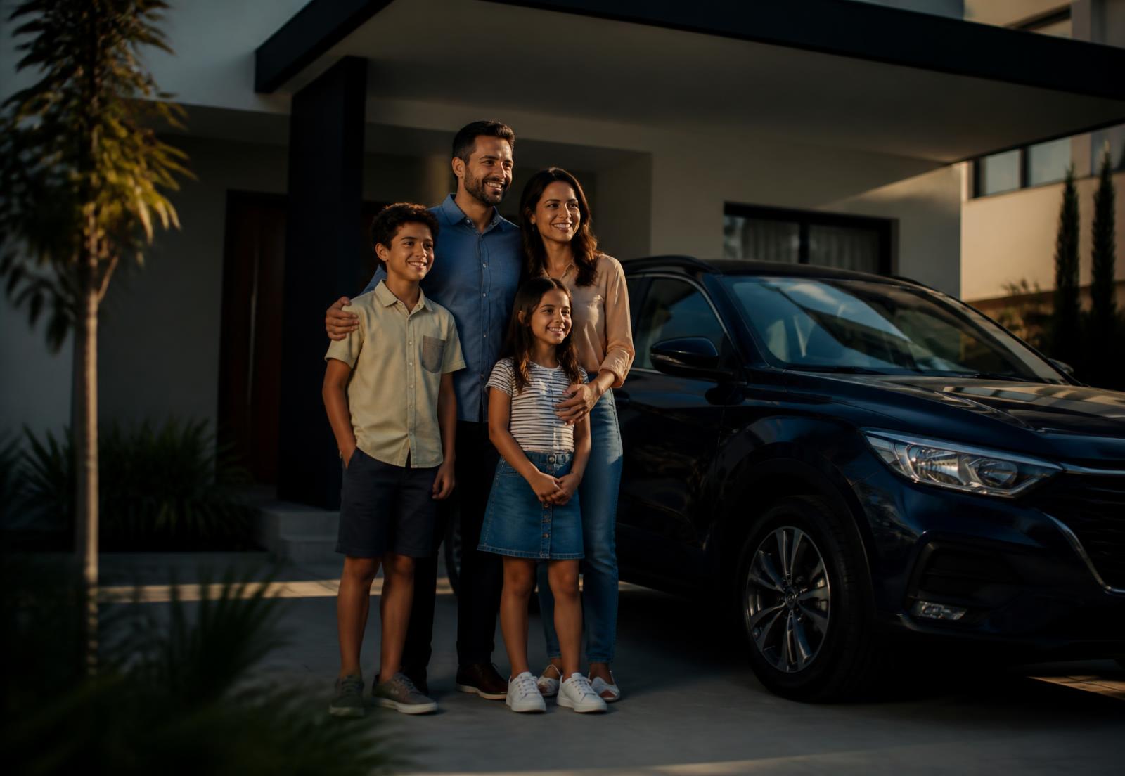 Família ao lado da casa e do carro protegidos por seguro
